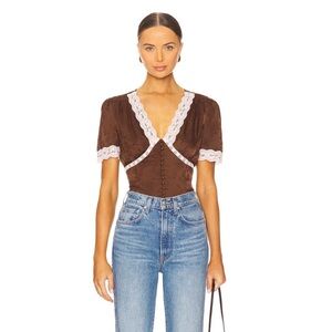 NWT Heartloom Dahlia top in Coco - Size M. Chocolate satin w Pink Lace Trim